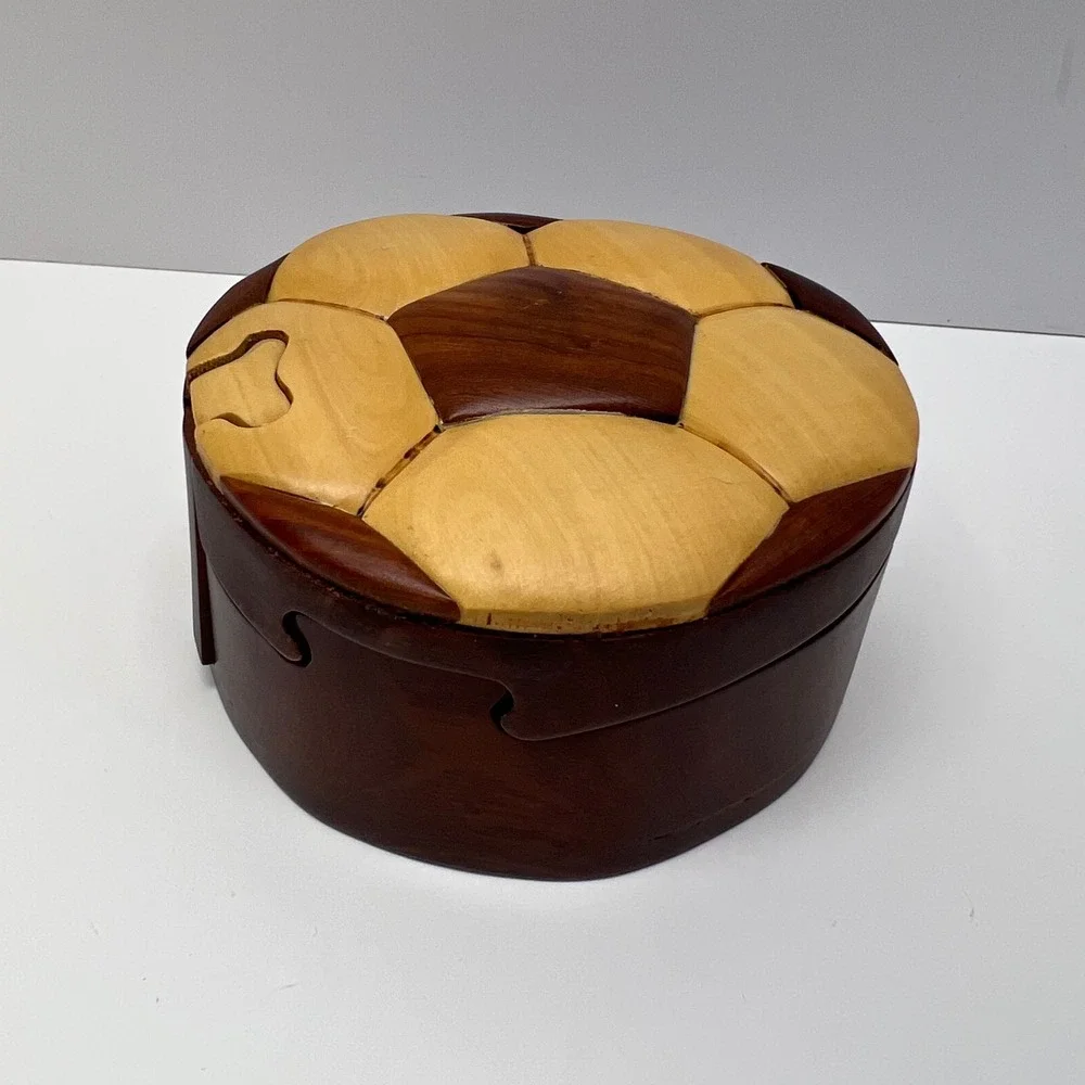 Wooden‎ Soccer Ball Flower Puzzle Box Trinket Storage Container Unique Gift